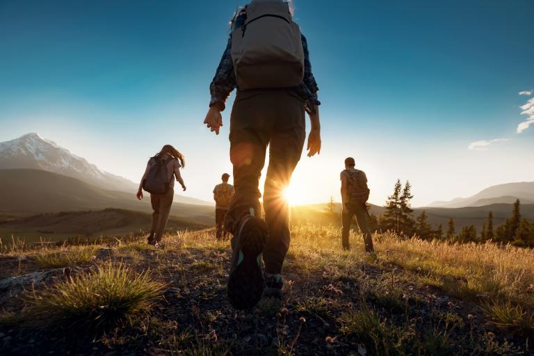 people hiking towards the mountain